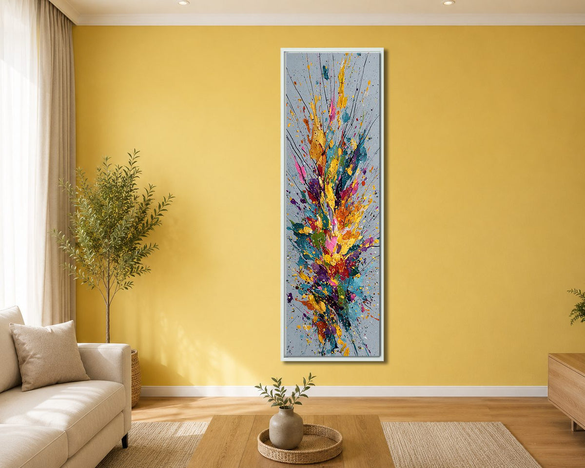 Colorful Paint Splash Abstract canvas wall art, white floating frame