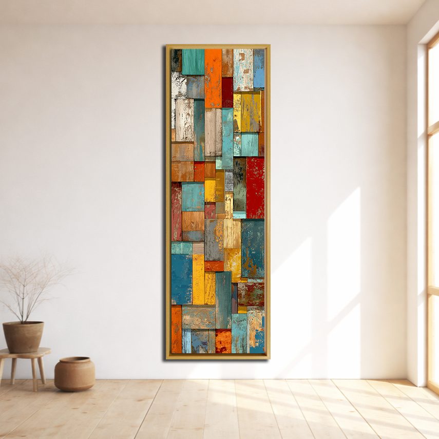 Colorful Patchwork Mosaic Abstract canvas wall art, natural wood floating frame