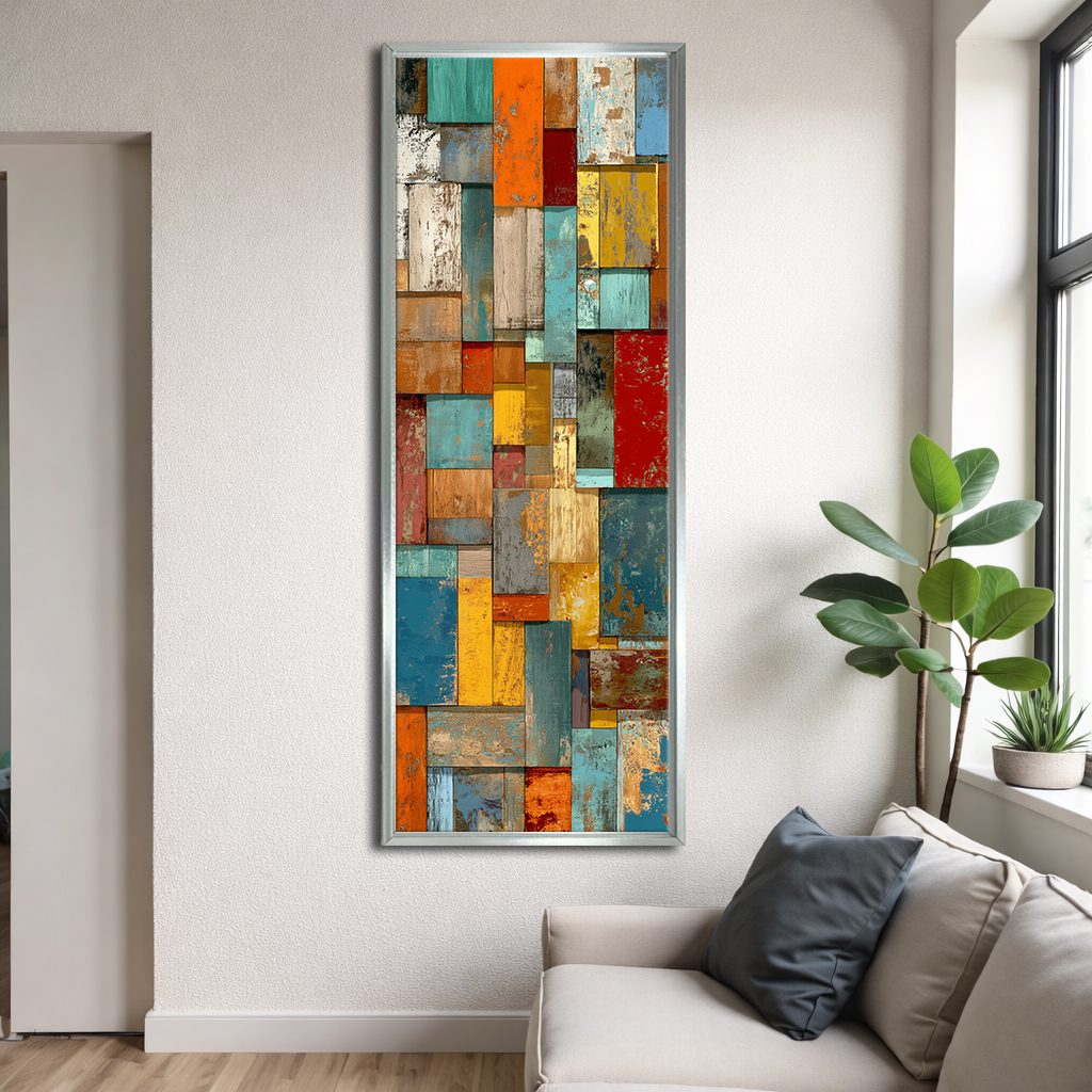 Colorful Patchwork Mosaic Abstract canvas wall art, silver floating frame