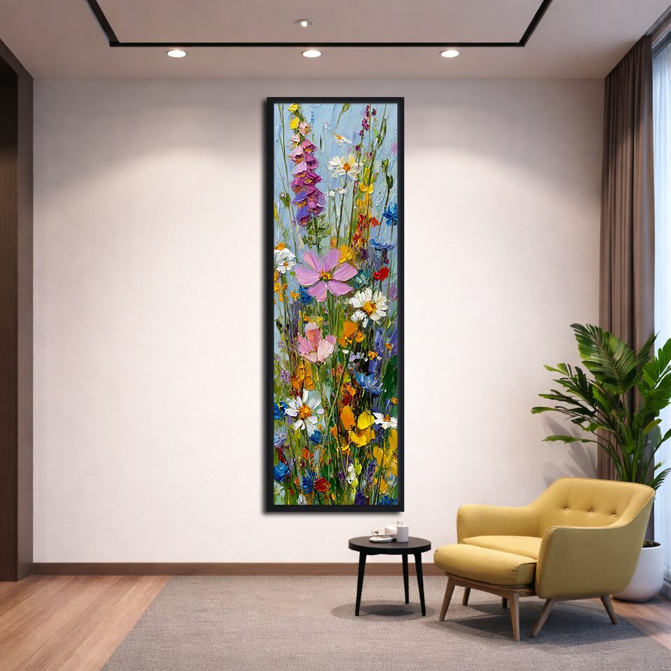 Colorful Wildflower Bouquet canvas wall art, black floating frame