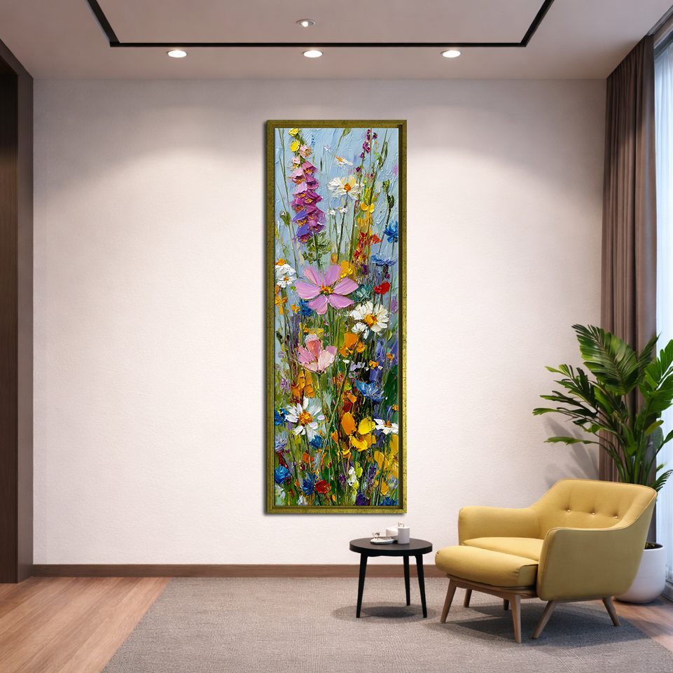 Colorful Wildflower Bouquet canvas wall art, gold floating frame
