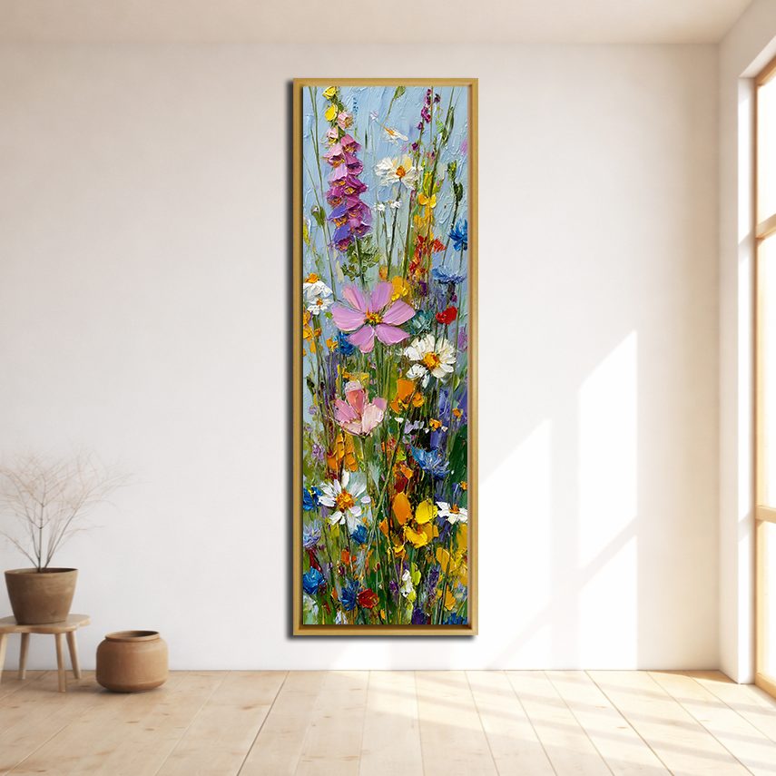 Colorful Wildflower Bouquet canvas wall art, natural wood floating frame