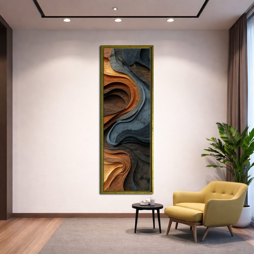 Copper and Slate Wood Wave Abstract canvas wall art, gold floating frame