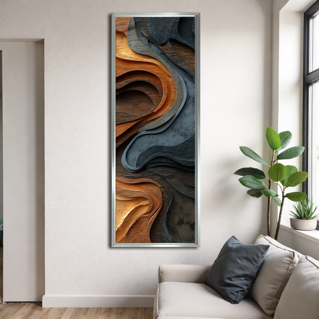 Copper and Slate Wood Wave Abstract canvas wall art, silver floating frame