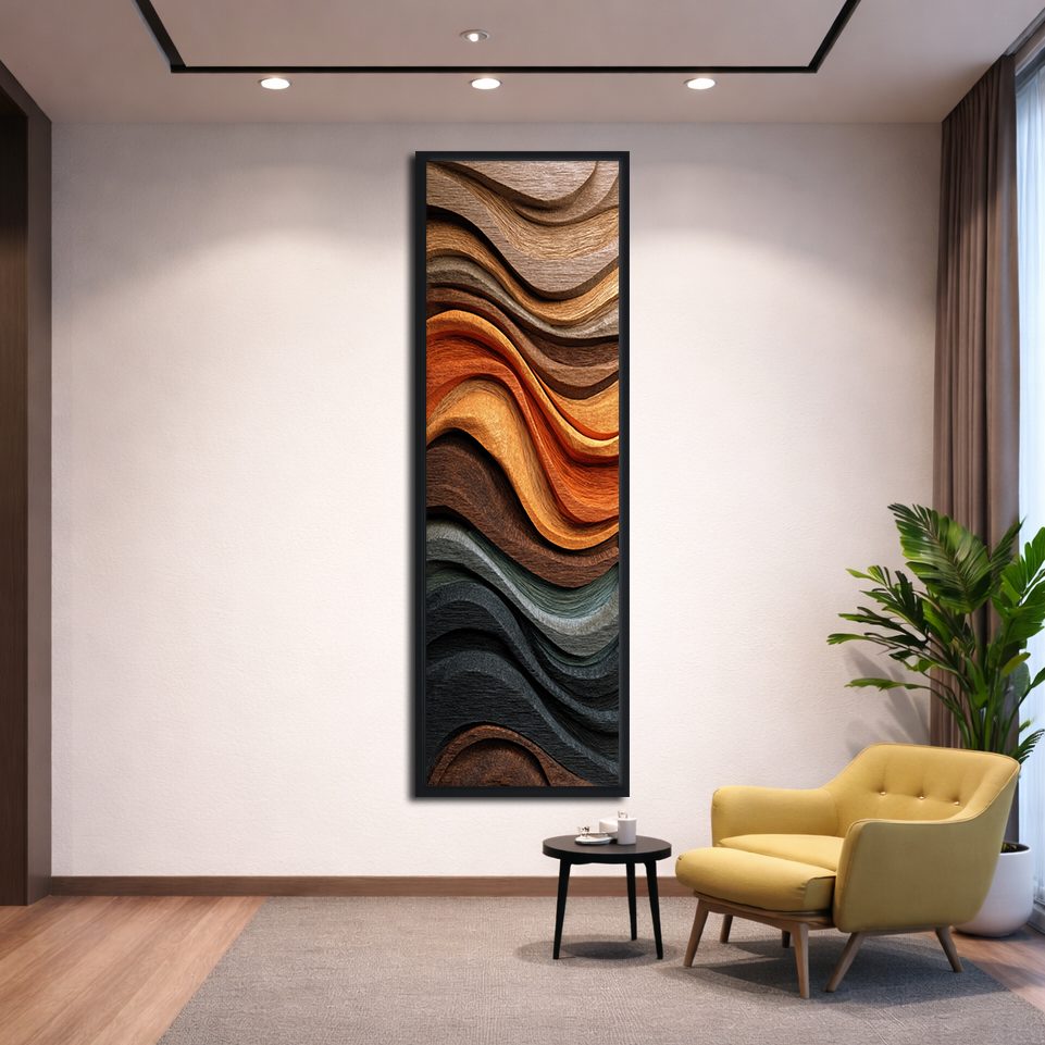 Copper Wave Wood Texture Abstract canvas wall art, black floating frame