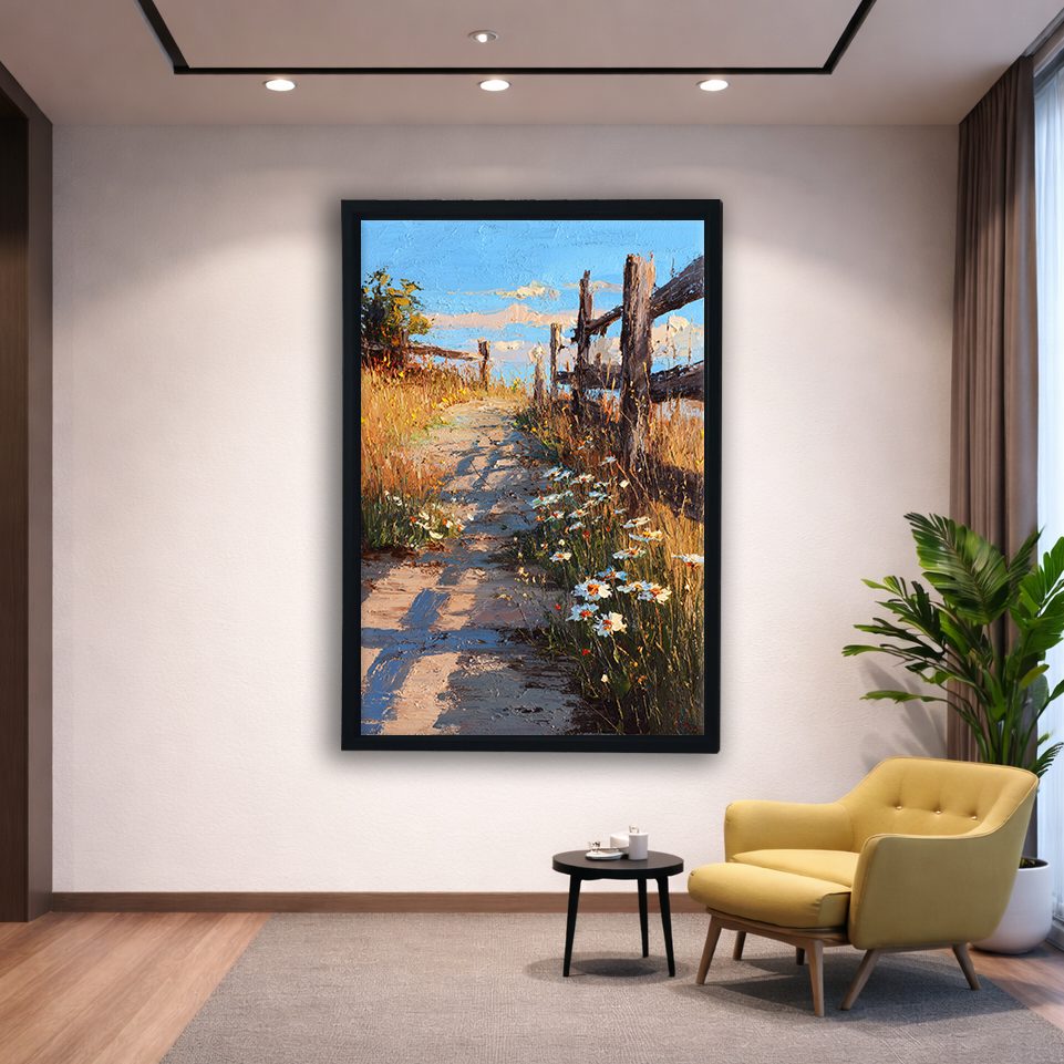 Country Lane with Wildflowers canvas wall art, black floating frame