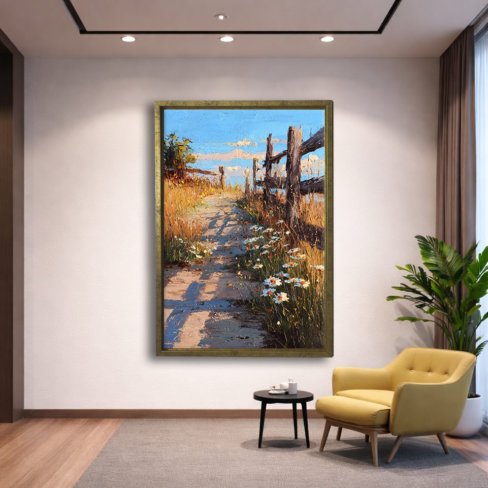 Country Lane with Wildflowers canvas wall art, gold floating frame