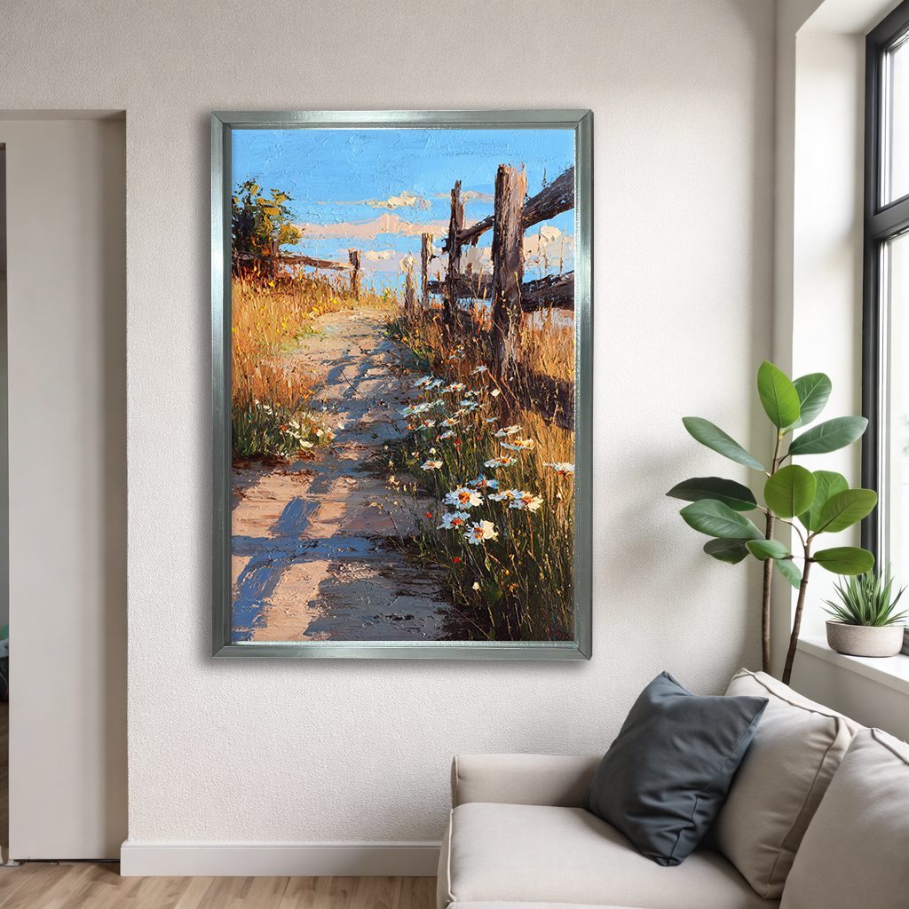 Country Lane with Wildflowers canvas wall art, silver floating frame