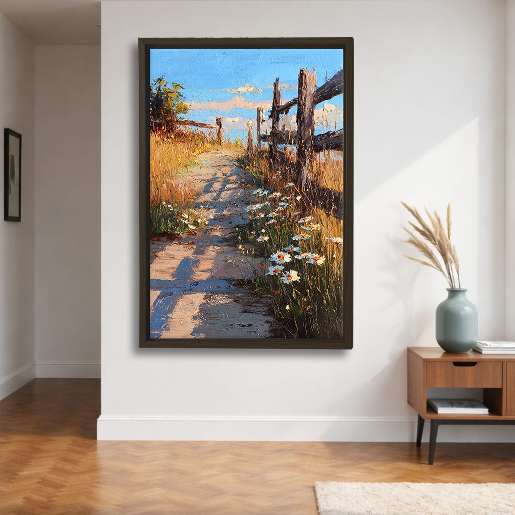 Country Lane with Wildflowers canvas wall art, walnut floating frame
