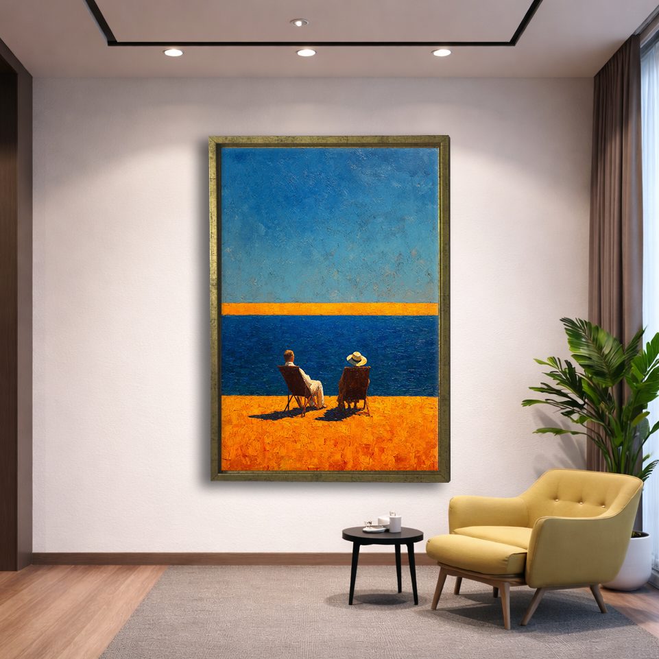 Couple on Beach Chairs by the Sea canvas wall art, gold floating frame