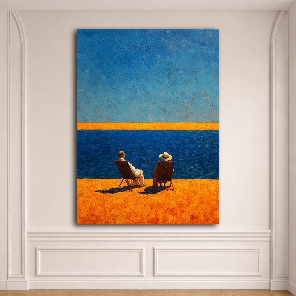 Couple on Beach Chairs by the Sea canvas wall art, unframed canvas