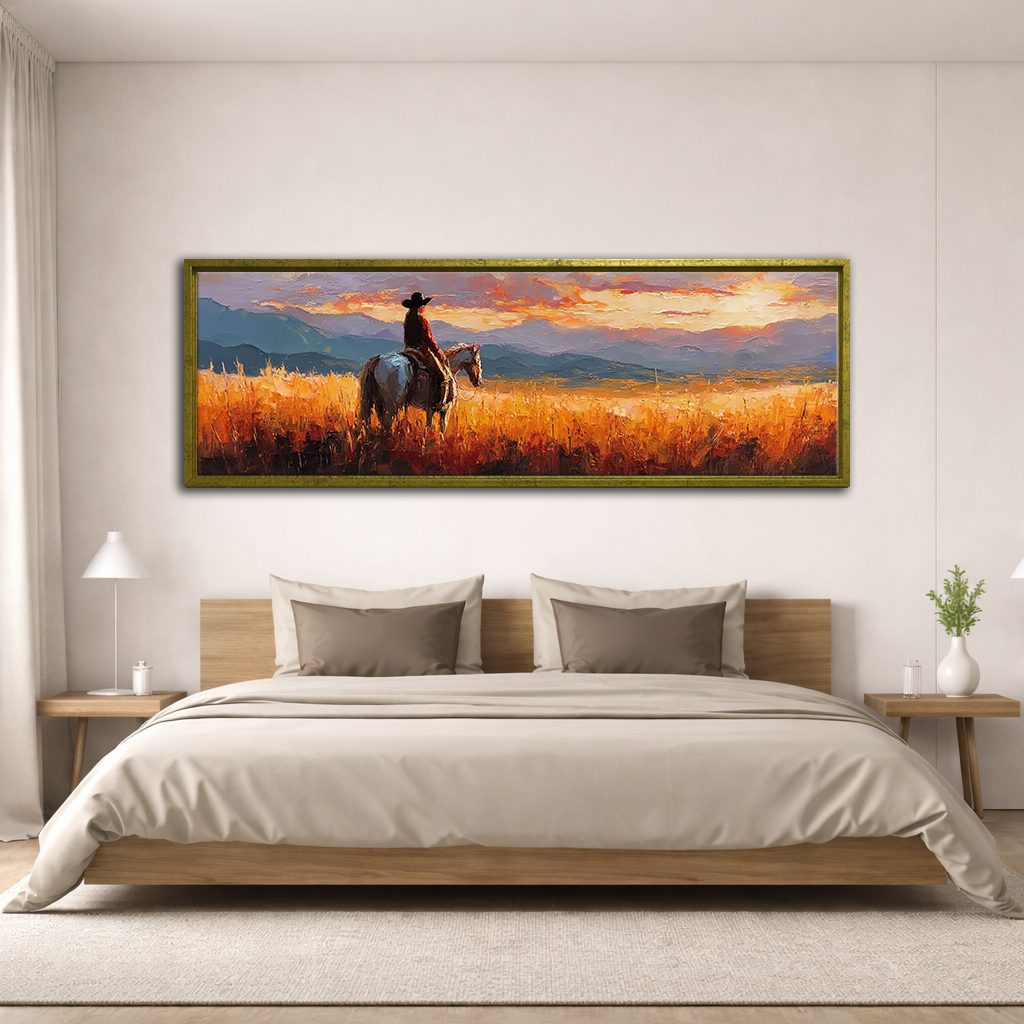 Cowboy on Horseback at Sunset canvas wall art, antique gold floating frame