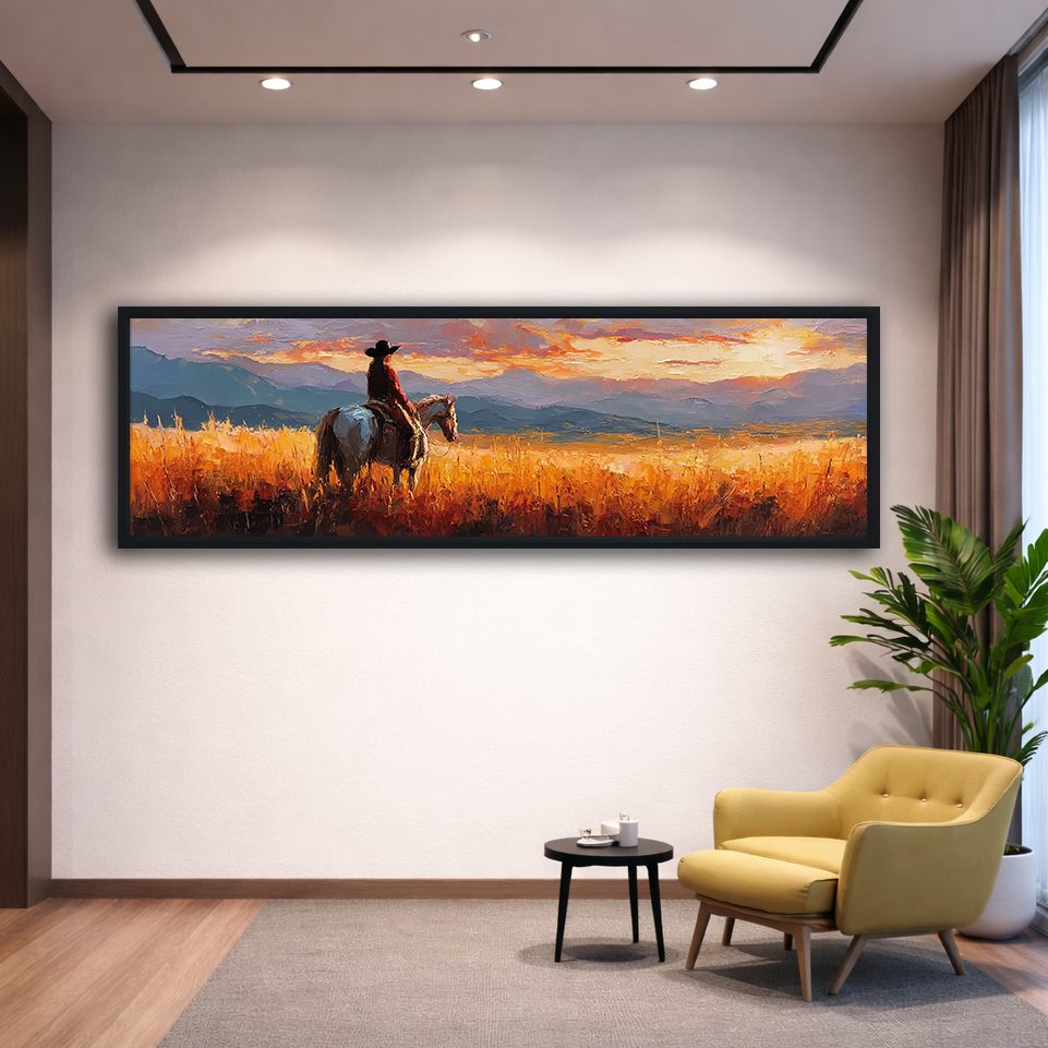 Cowboy on Horseback at Sunset canvas wall art, black floating frame