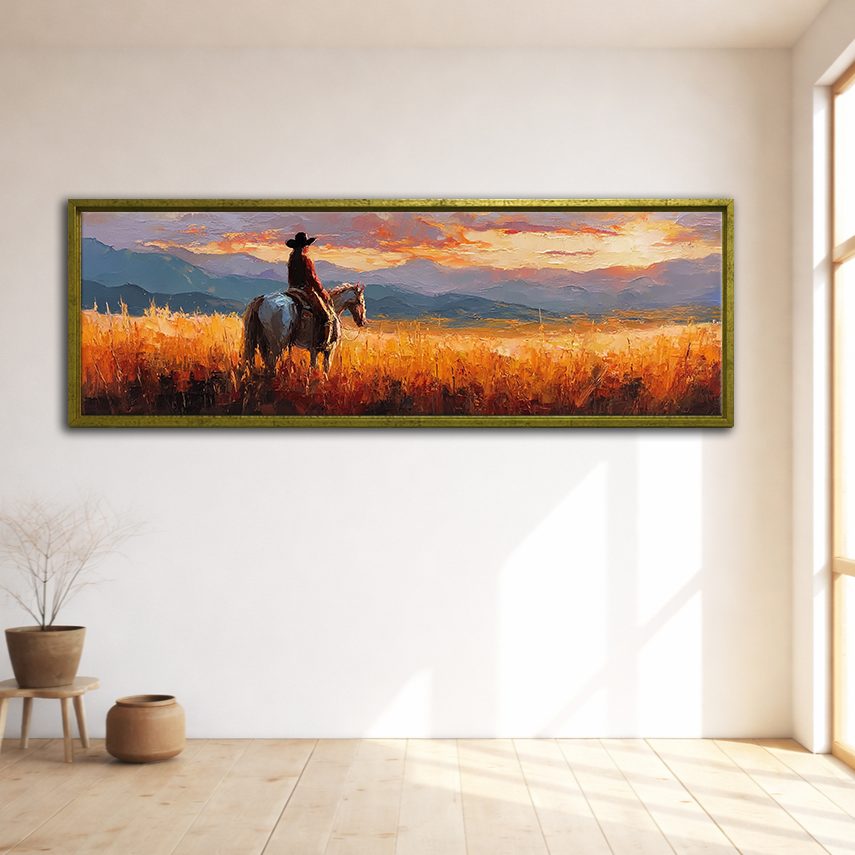 Cowboy on Horseback at Sunset canvas wall art, gold floating frame