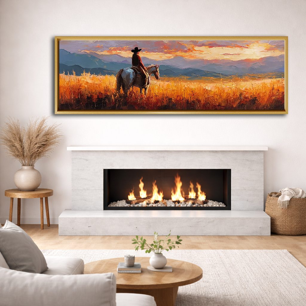 Cowboy on Horseback at Sunset canvas wall art, natural wood floating frame