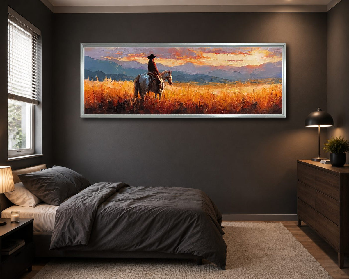Cowboy on Horseback at Sunset canvas wall art, silver floating frame