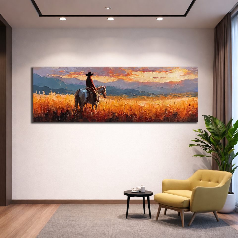 Cowboy on Horseback at Sunset canvas wall art, unframed canvas