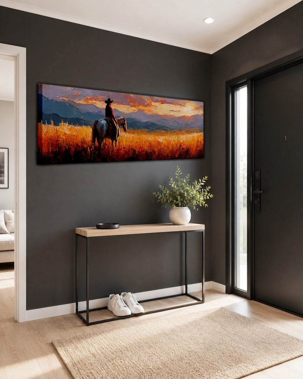 Cowboy on Horseback at Sunset canvas wall art, unframed canvas