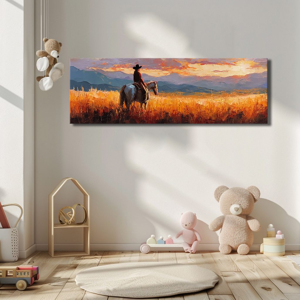 Cowboy on Horseback at Sunset canvas wall art, unframed canvas