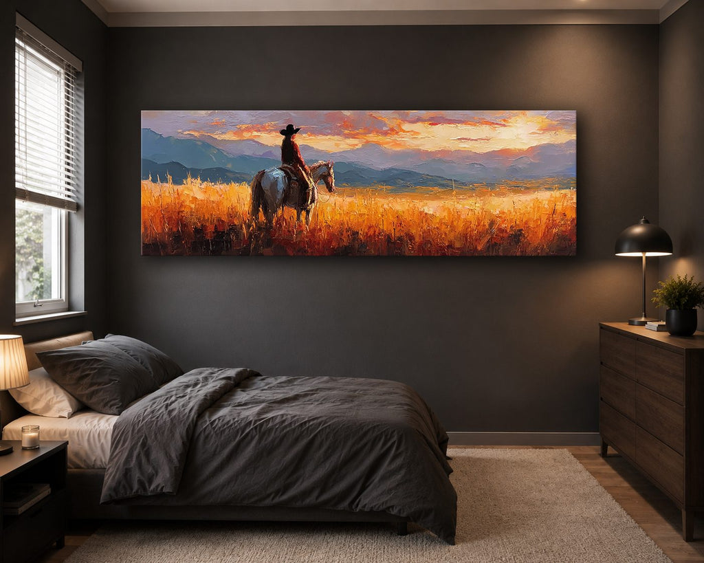 Cowboy on Horseback at Sunset canvas wall art, unframed canvas