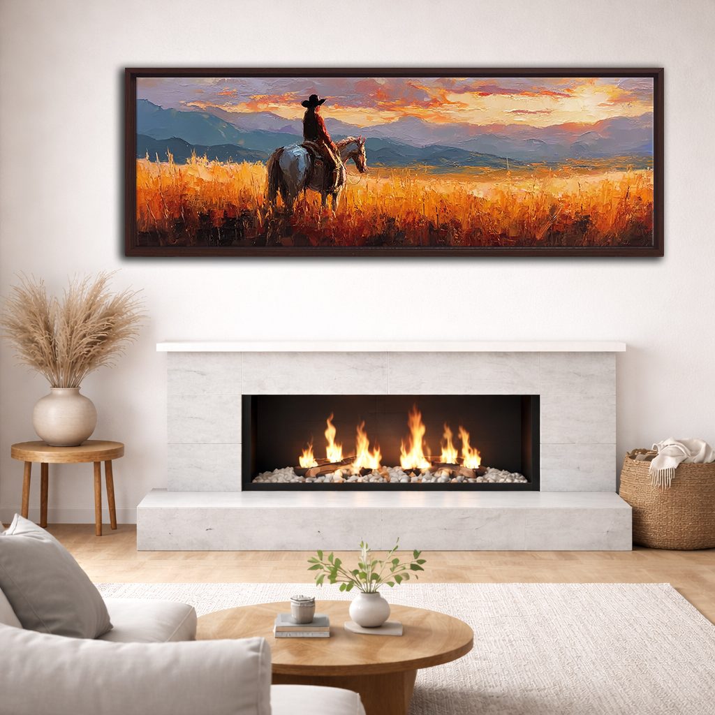 Cowboy on Horseback at Sunset canvas wall art, walnut floating frame