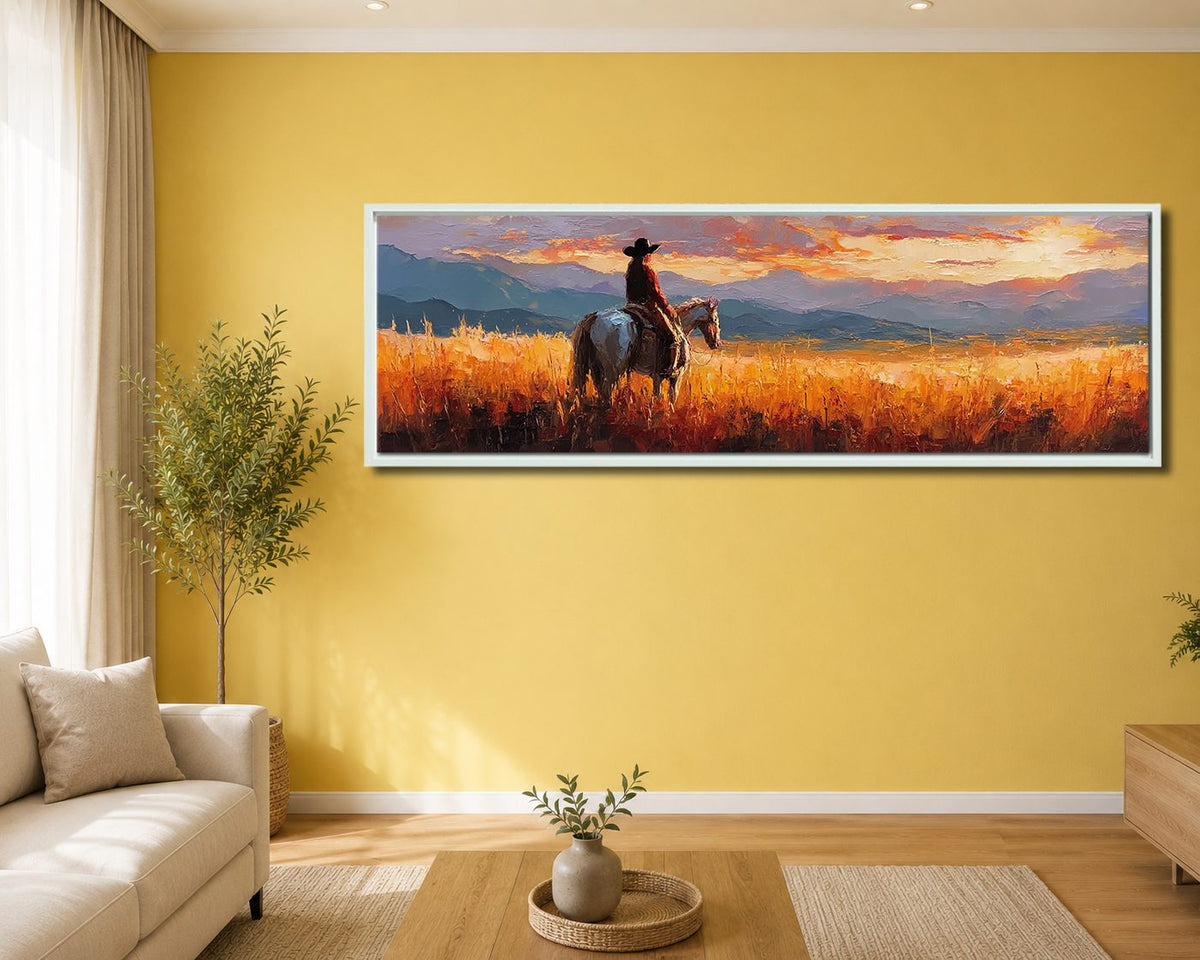 Cowboy on Horseback at Sunset canvas wall art, white floating frame