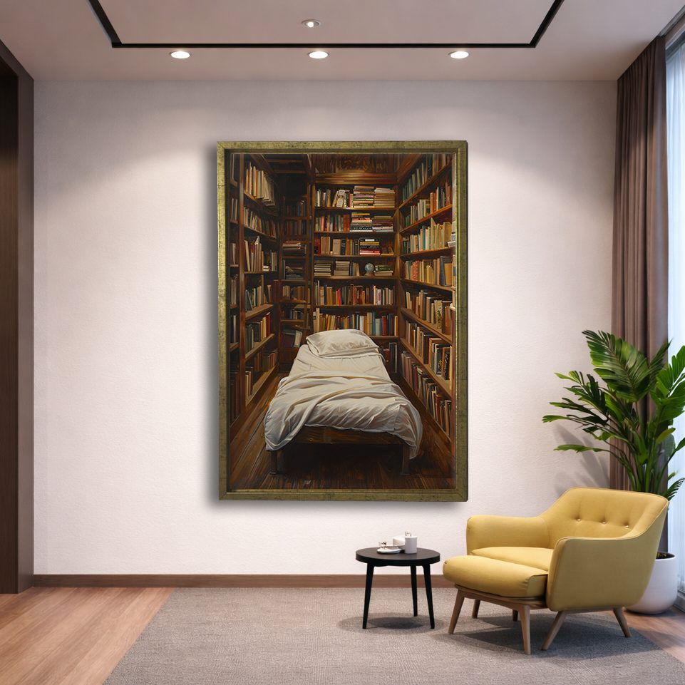 Cozy Library Bedroom canvas wall art, gold floating frame