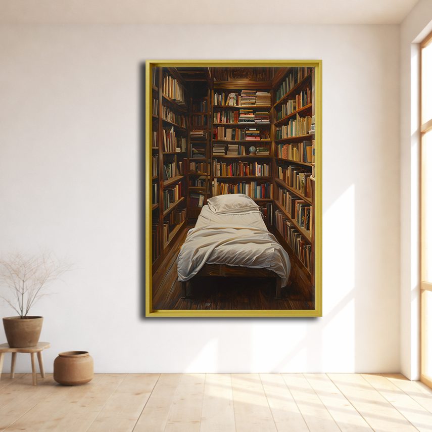 Cozy Library Bedroom canvas wall art, natural wood floating frame