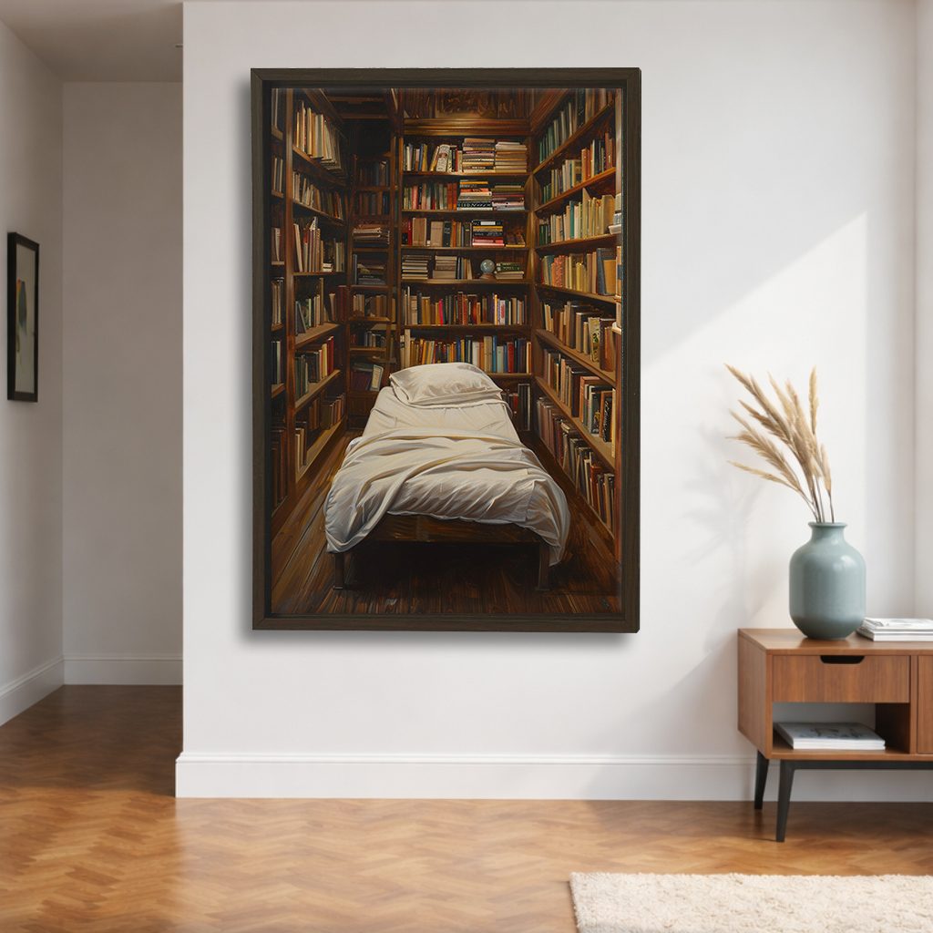 Cozy Library Bedroom canvas wall art, walnut floating frame