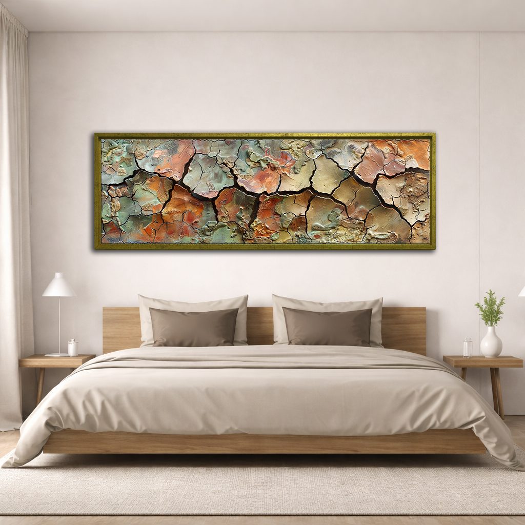 Cracked Earth Texture Abstract canvas wall art, antique gold floating frame