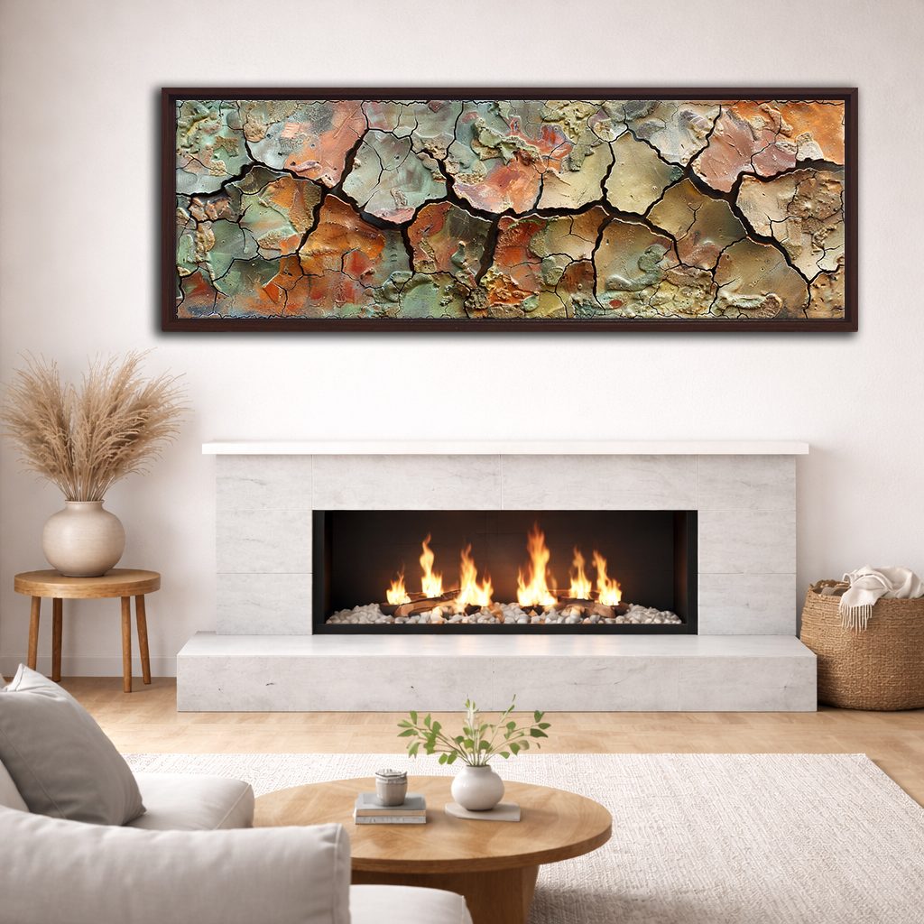 Cracked Earth Texture Abstract canvas wall art, walnut floating frame