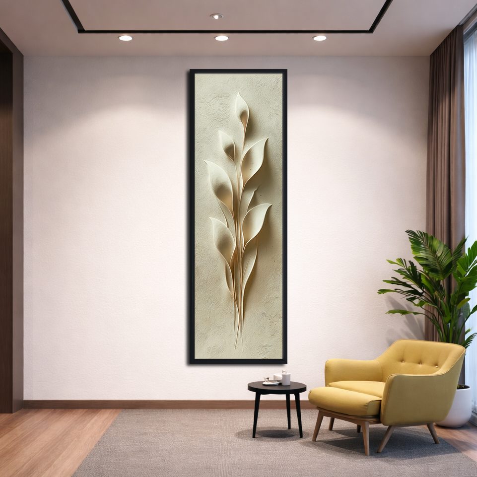 Cream 3D Botanical Leaf Relief canvas wall art, black floating frame