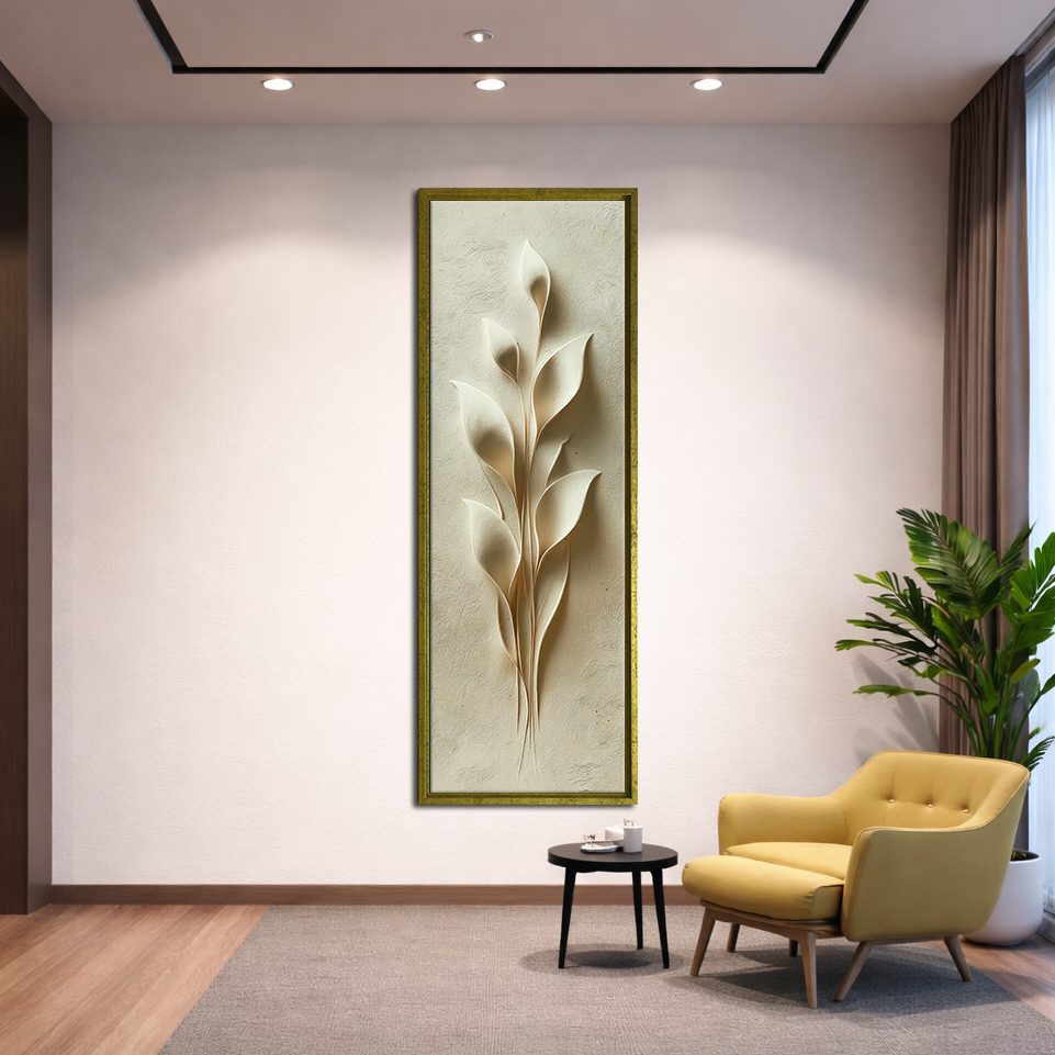 Cream 3D Botanical Leaf Relief canvas wall art, gold floating frame