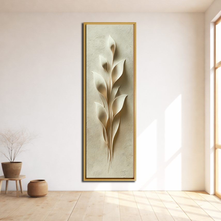 Cream 3D Botanical Leaf Relief canvas wall art, natural wood floating frame