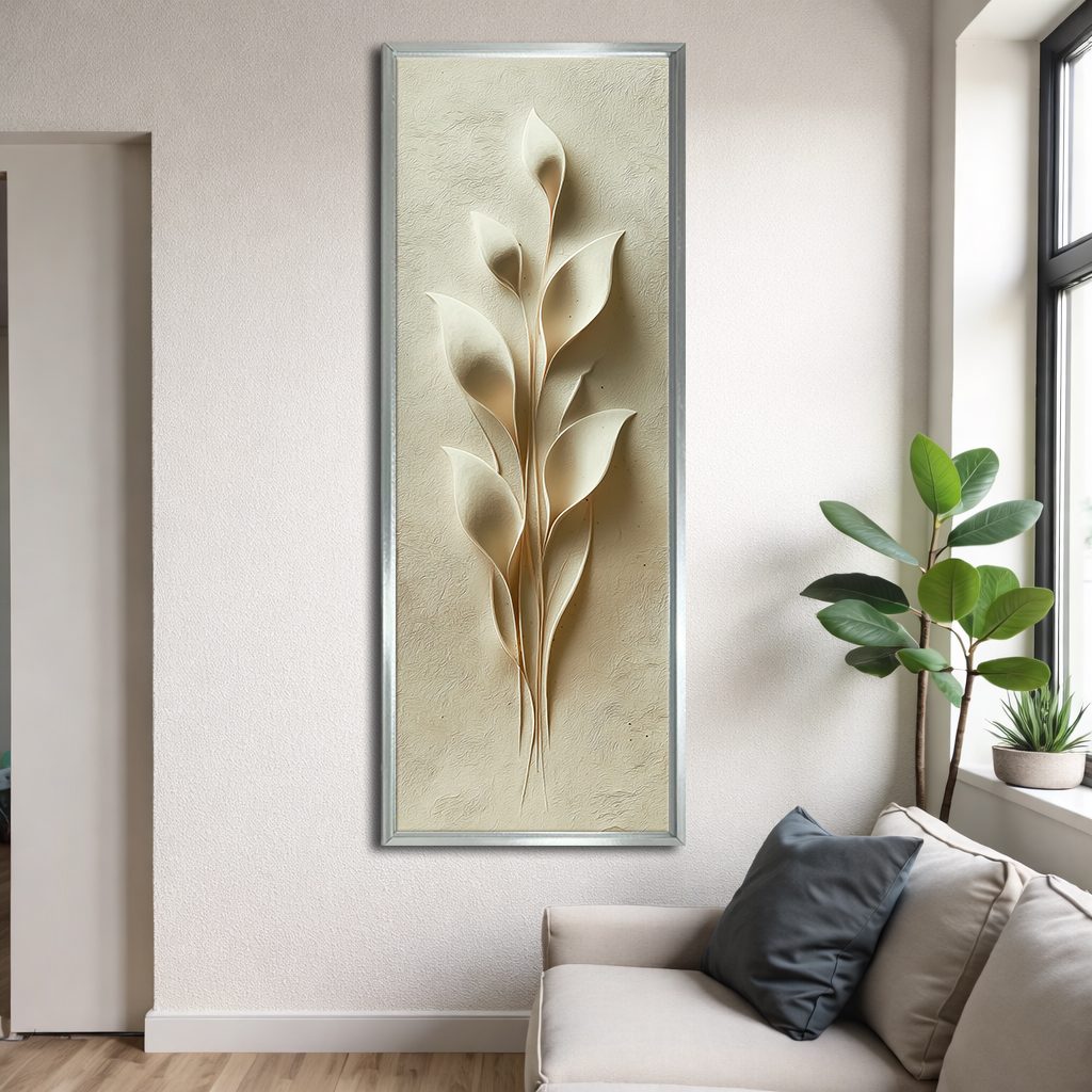 Cream 3D Botanical Leaf Relief canvas wall art, silver floating frame