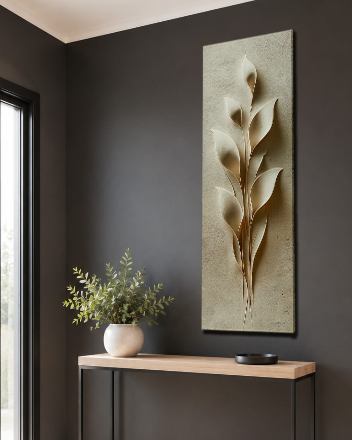 Cream 3D Botanical Leaf Relief canvas wall art, unframed canvas