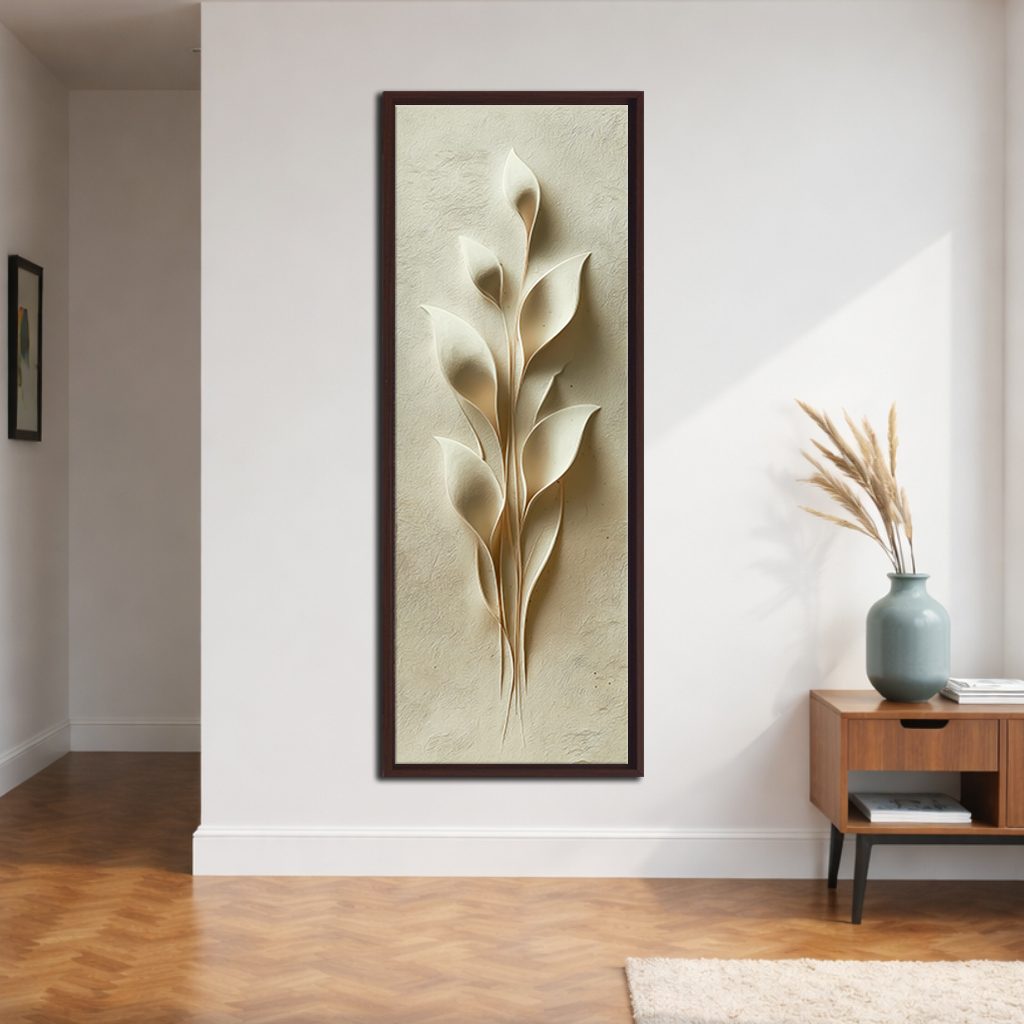 Cream 3D Botanical Leaf Relief canvas wall art, walnut floating frame