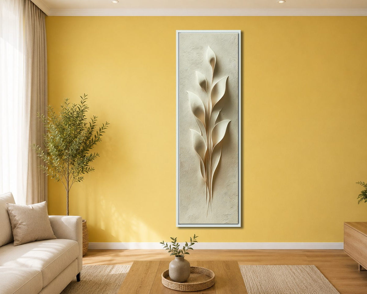 Cream 3D Botanical Leaf Relief canvas wall art, white floating frame