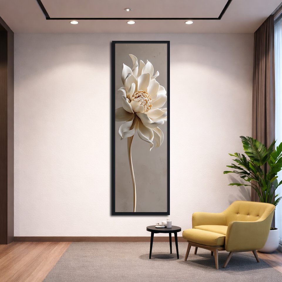 Cream Lotus Flower Sculpture canvas wall art, black floating frame