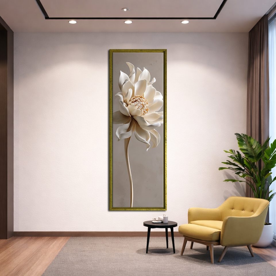 Cream Lotus Flower Sculpture canvas wall art, gold floating frame