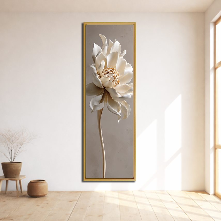 Cream Lotus Flower Sculpture canvas wall art, natural wood floating frame