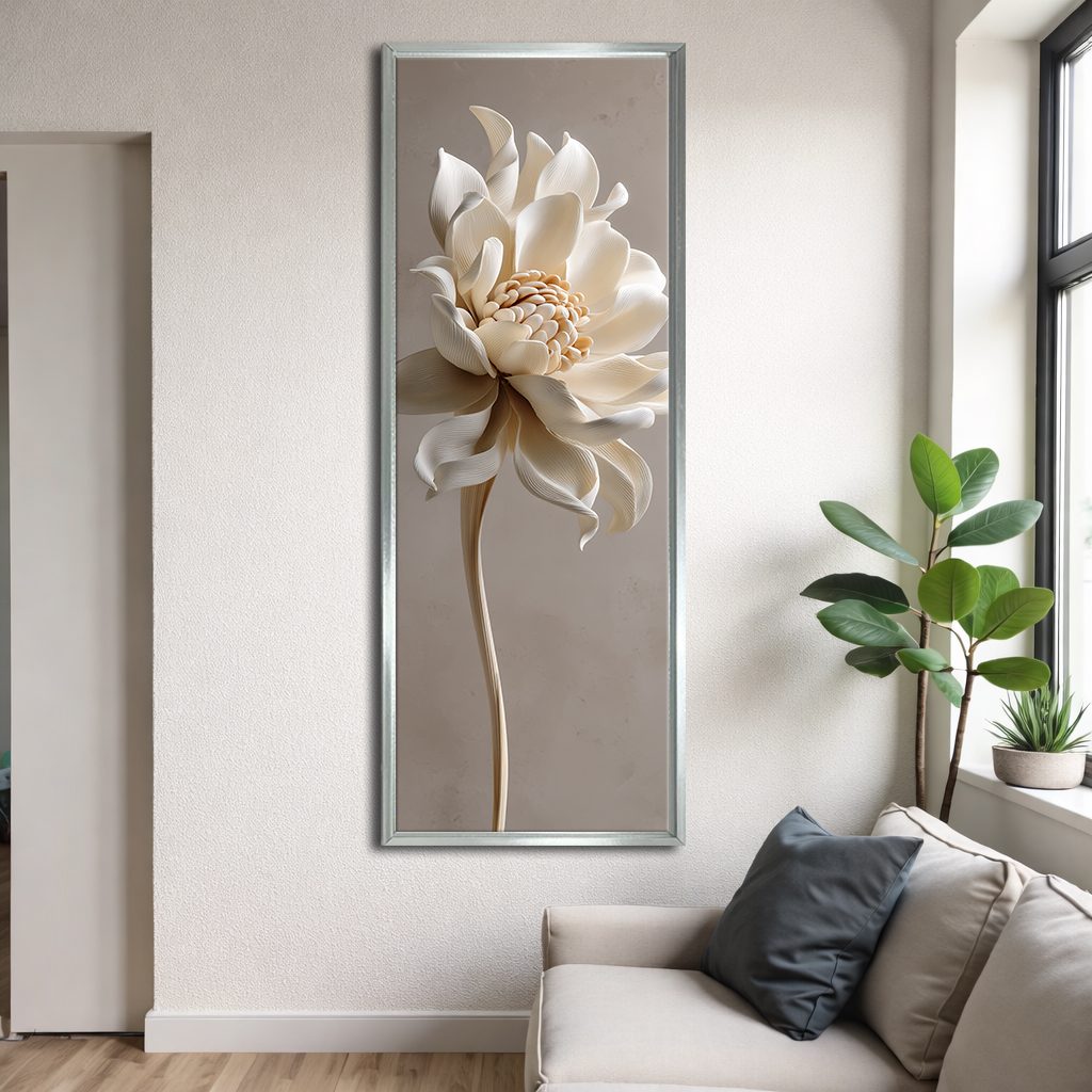 Cream Lotus Flower Sculpture canvas wall art, silver floating frame