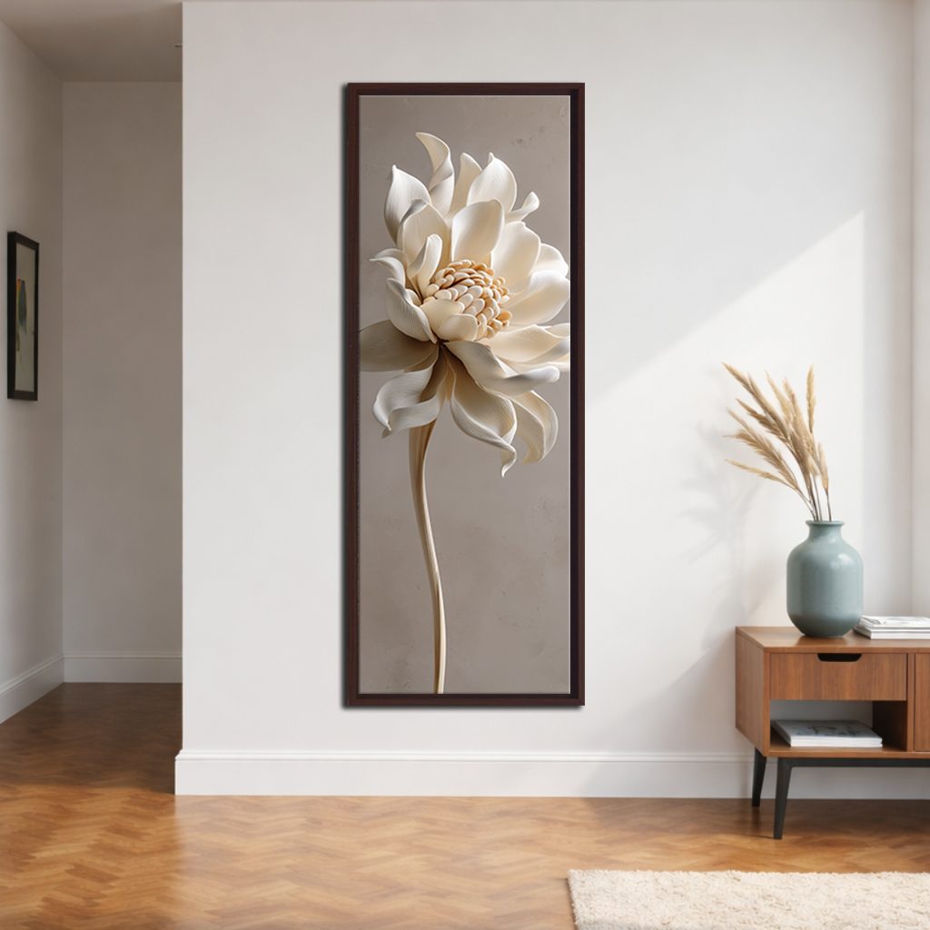 Cream Lotus Flower Sculpture canvas wall art, walnut floating frame