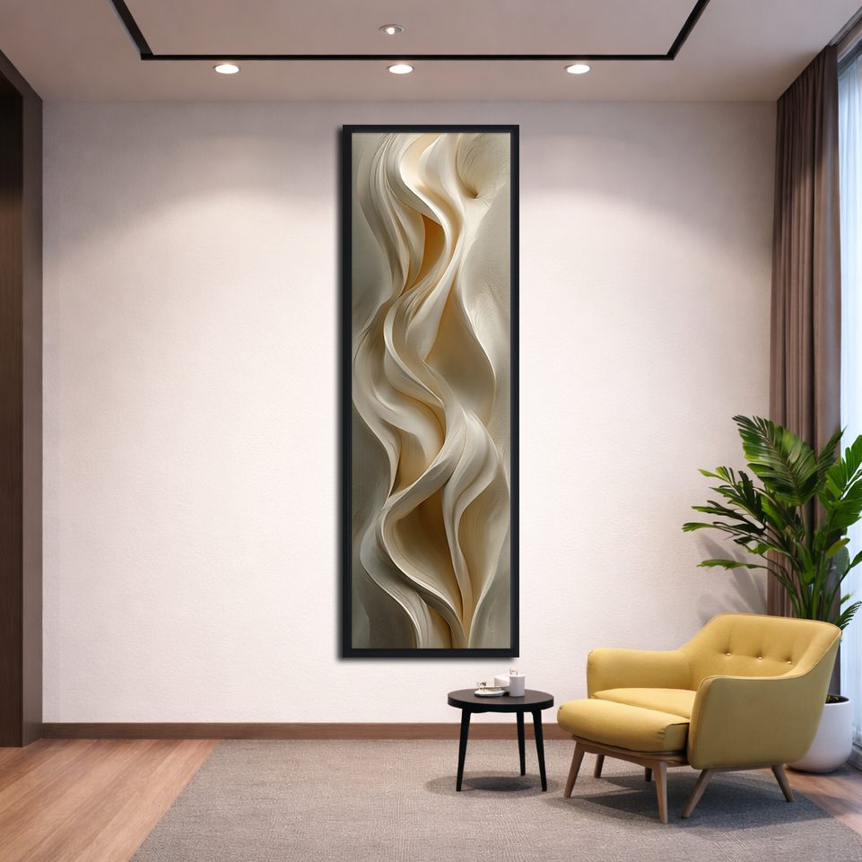 Cream Silk Drapery Abstract canvas wall art, black floating frame