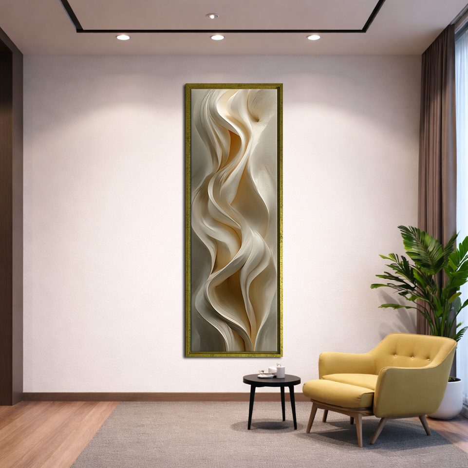 Cream Silk Drapery Abstract canvas wall art, gold floating frame