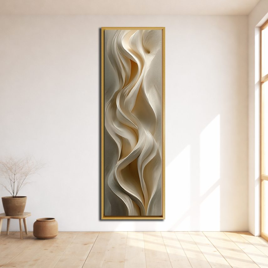 Cream Silk Drapery Abstract canvas wall art, natural wood floating frame