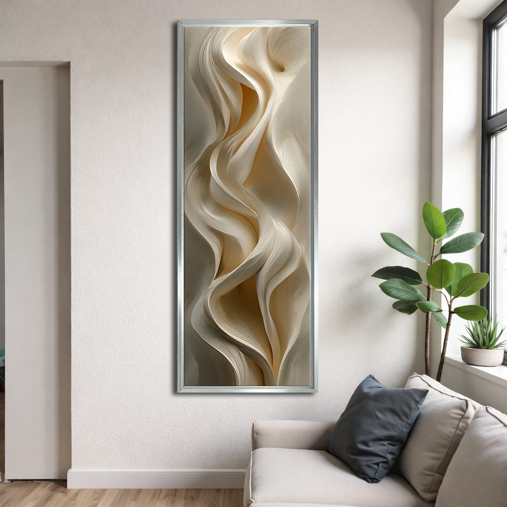 Cream Silk Drapery Abstract canvas wall art, silver floating frame