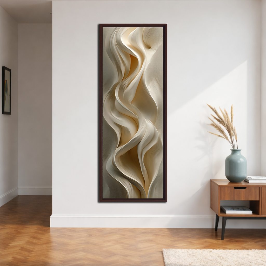 Cream Silk Drapery Abstract canvas wall art, walnut floating frame
