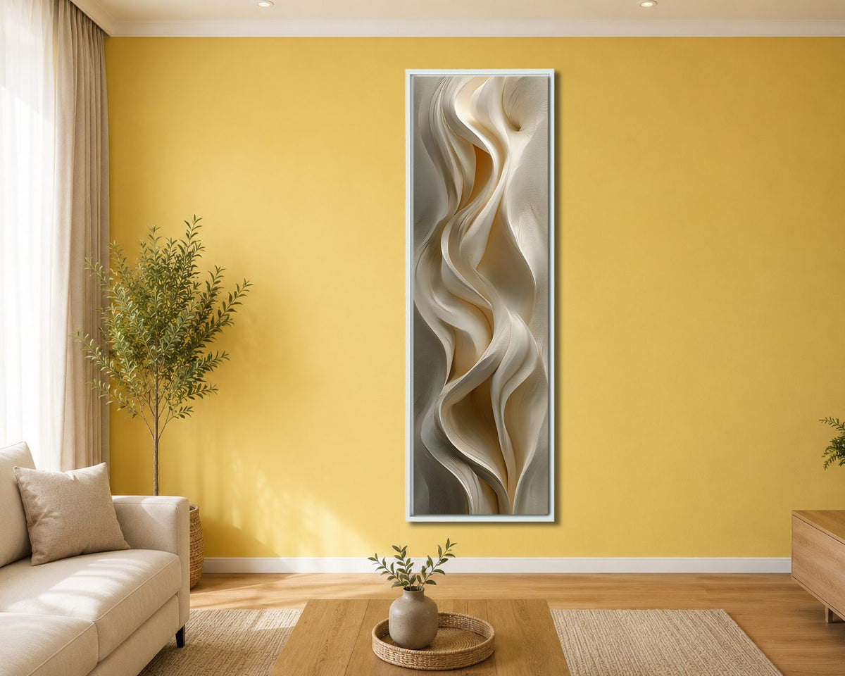 Cream Silk Drapery Abstract canvas wall art, white floating frame