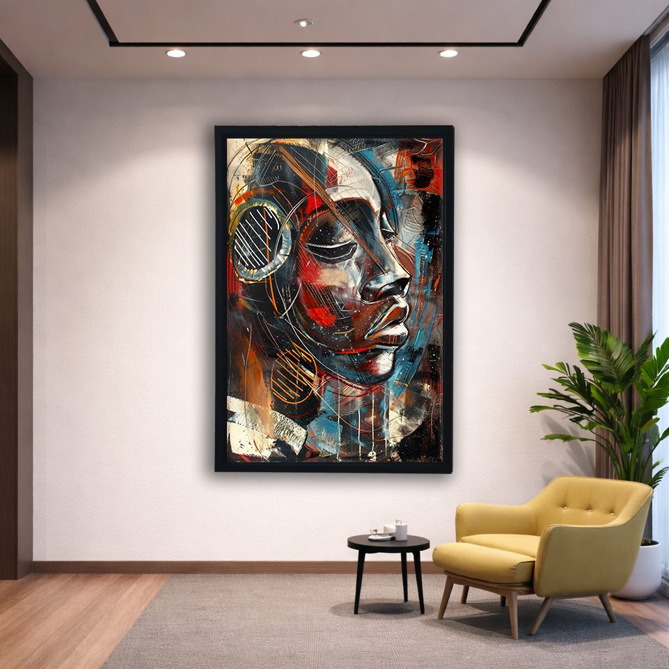 Cubist Woman Face with Headphones canvas wall art, black floating frame